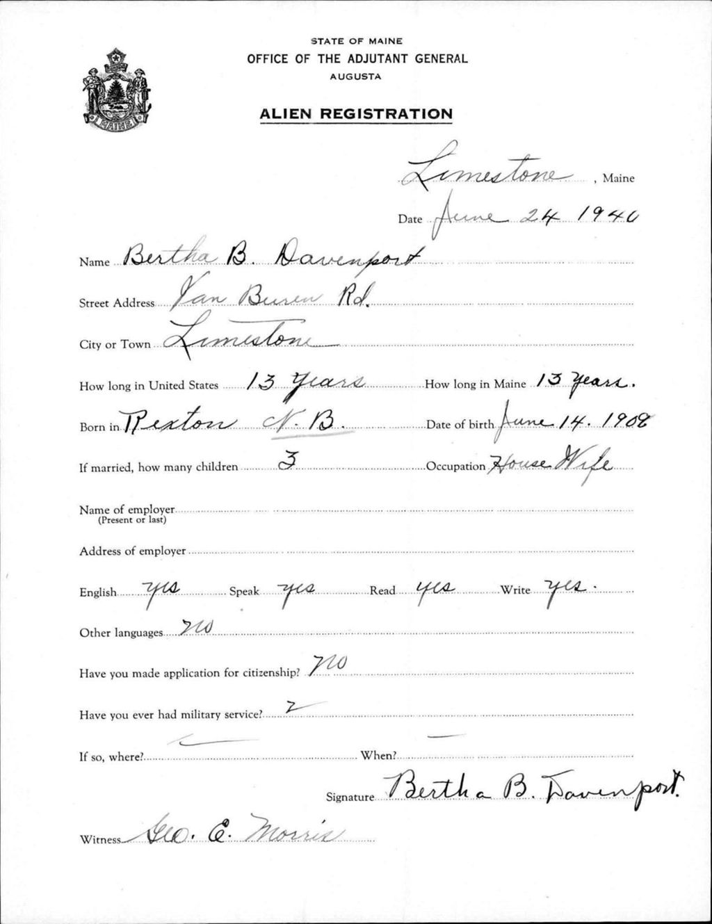 Alien Registration- Davenport, Bertha B. (Limestone, Aroostook County)