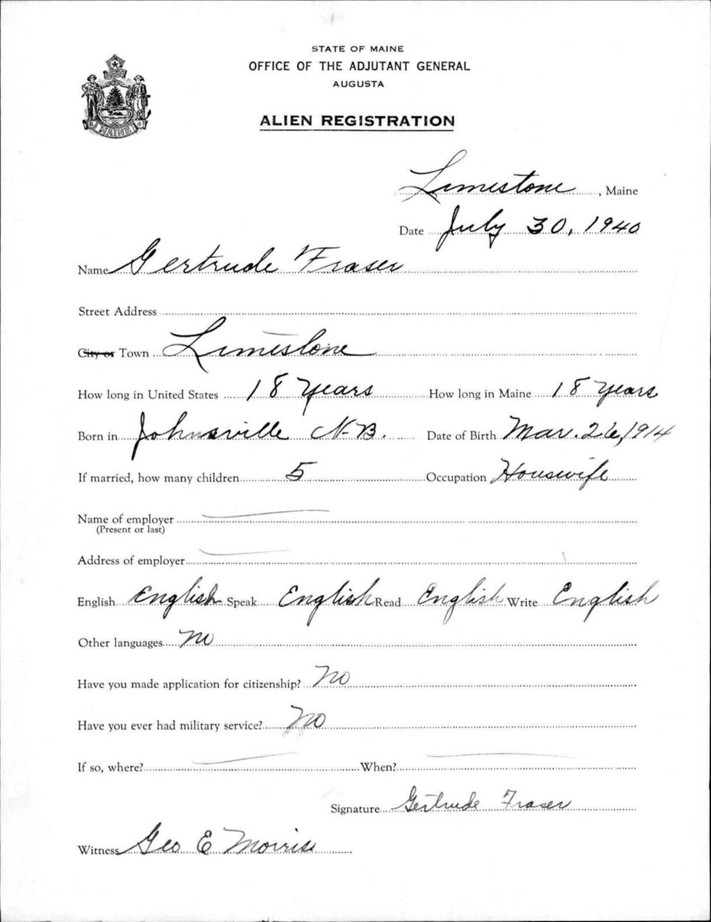 Alien Registration- Fraser, Gertrude (Limestone, Aroostook County)
