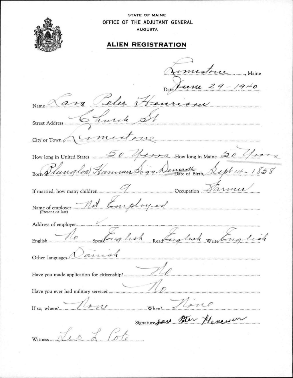 Alien Registration- Henrison, Lars P. (Limestone, Aroostook County)