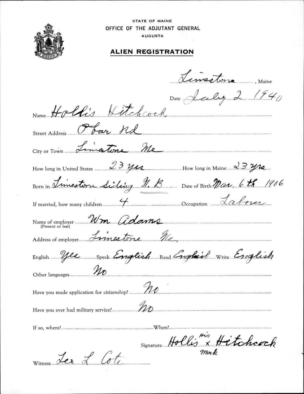 Alien Registration- Hitchcock, Hollis (Limestone, Aroostook County)