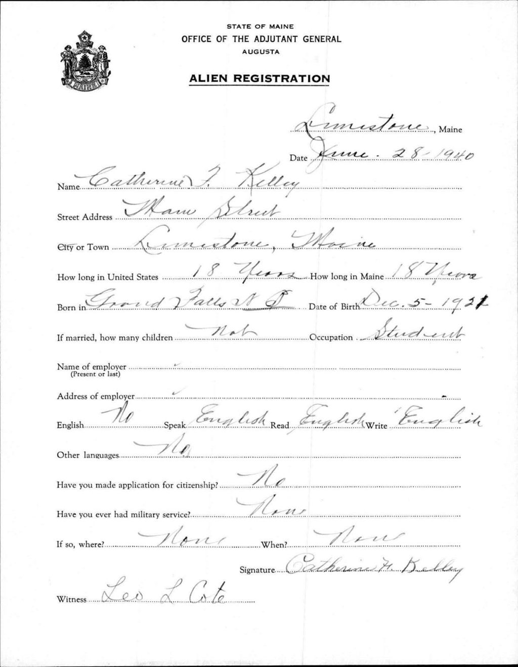 Alien Registration- Kelley, Catherine F. (Limestone, Aroostook County)
