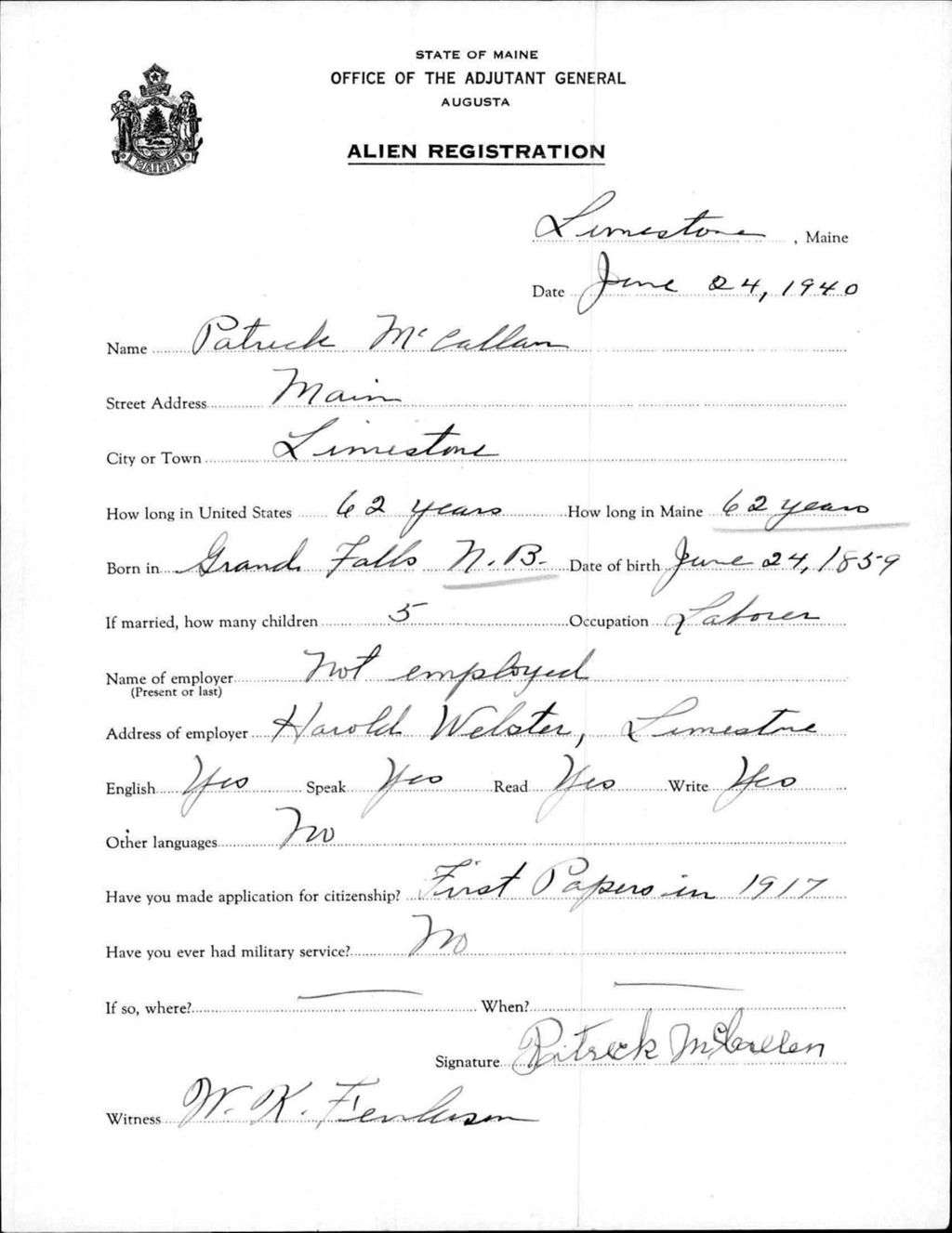 Alien Registration- Mccallan, Patrick (Limestone, Aroostook County)