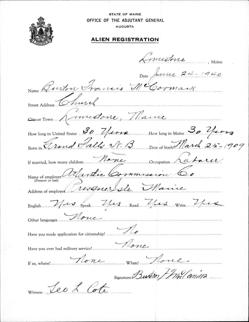 Alien Registration- Mccormack, Burton F. (Limestone, Aroostook County)