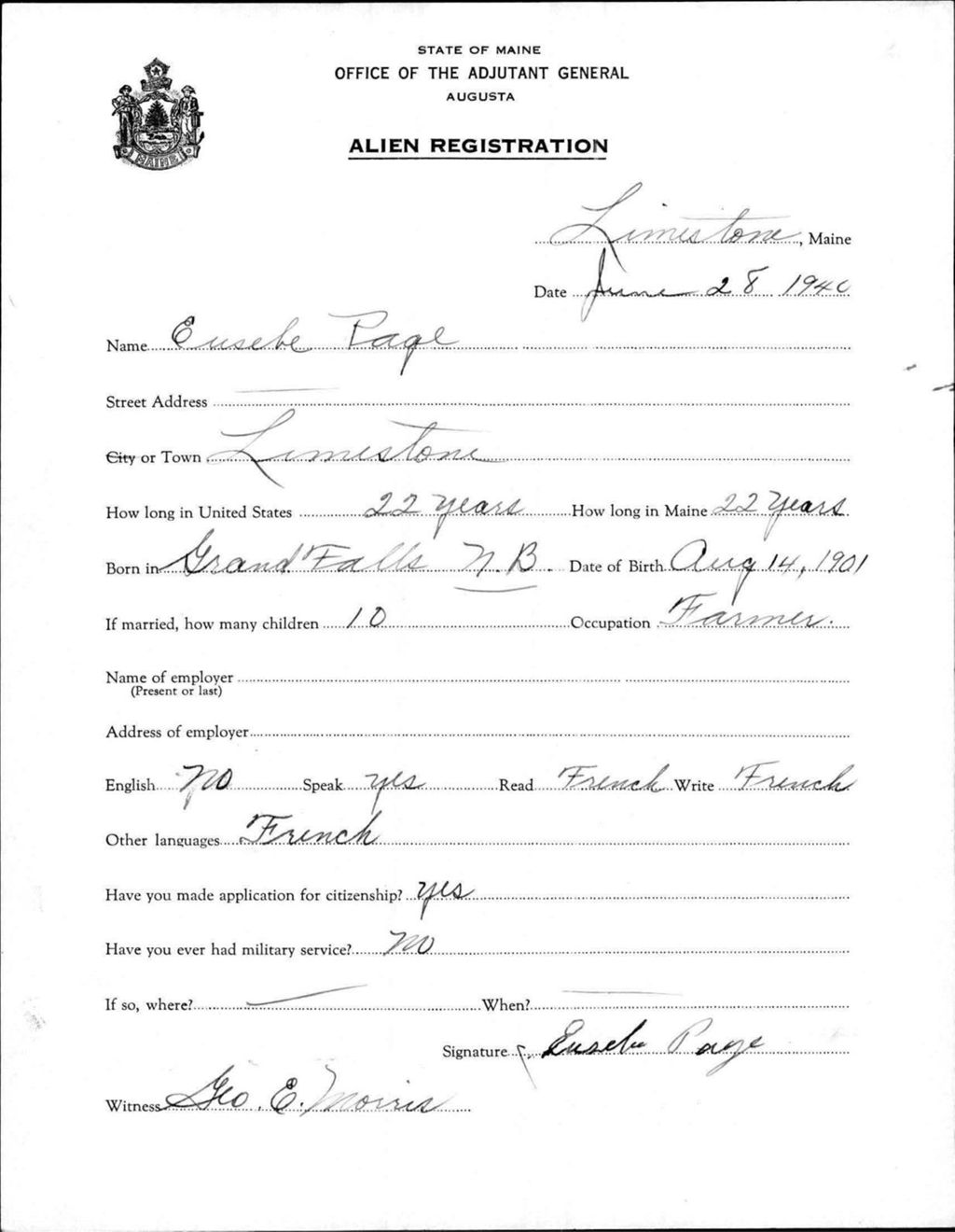 Alien Registration- Page, Eusebe (Limestone, Aroostook County)