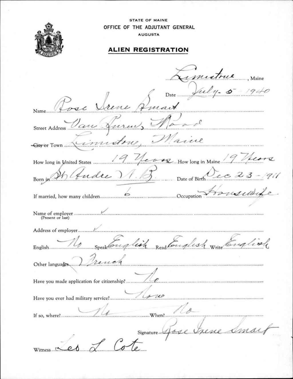 Alien Registration- Smart, Rose I. (Limestone, Aroostook County)
