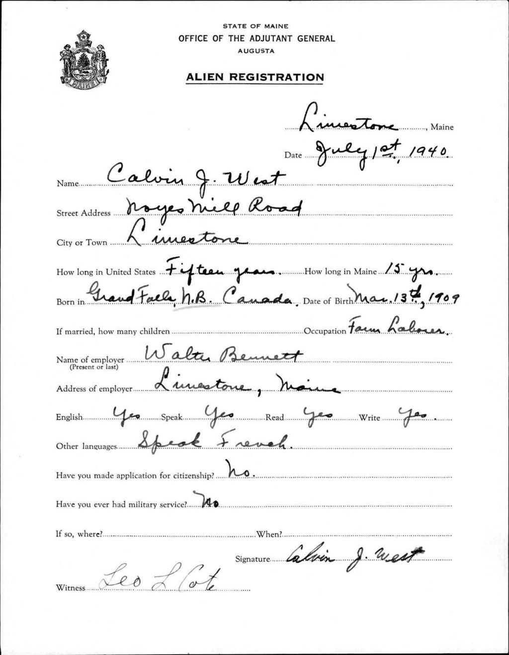 Alien Registration- West, Calvin J. (Limestone, Aroostook County)