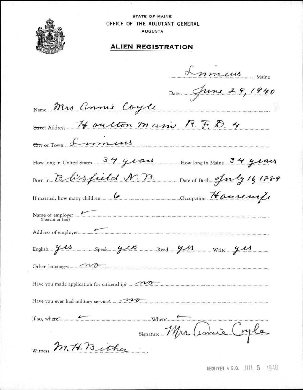 Alien Registration- Coyle, Annie (Limestone, Aroostook County)