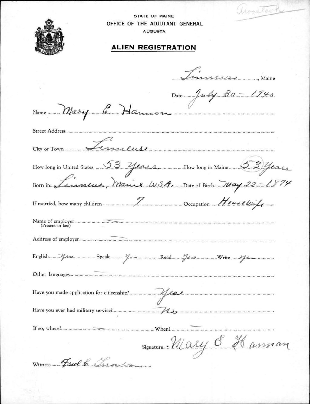 Alien Registration- Harmon, Mary E. (Limestone, Aroostook County)