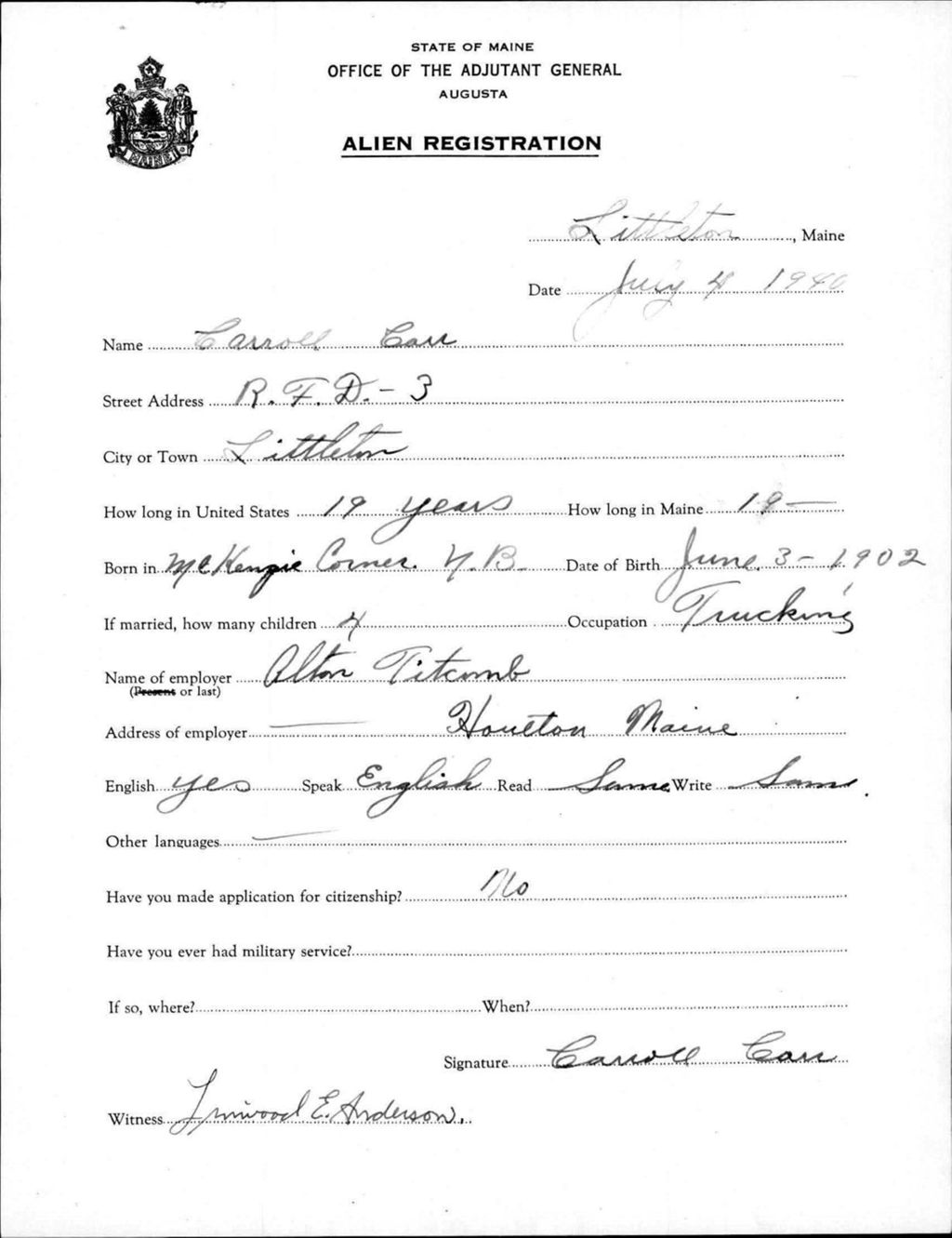 Alien Registration- Carr, Carroll (Limestone, Aroostook County)