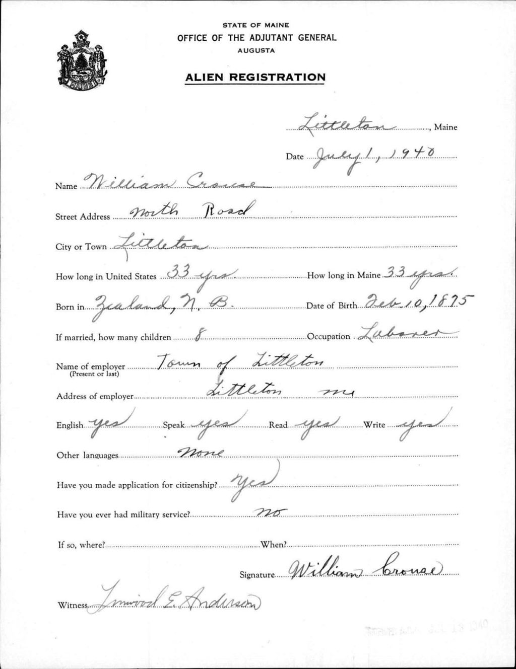 Alien Registration- Crouse, William (Limestone, Aroostook County)
