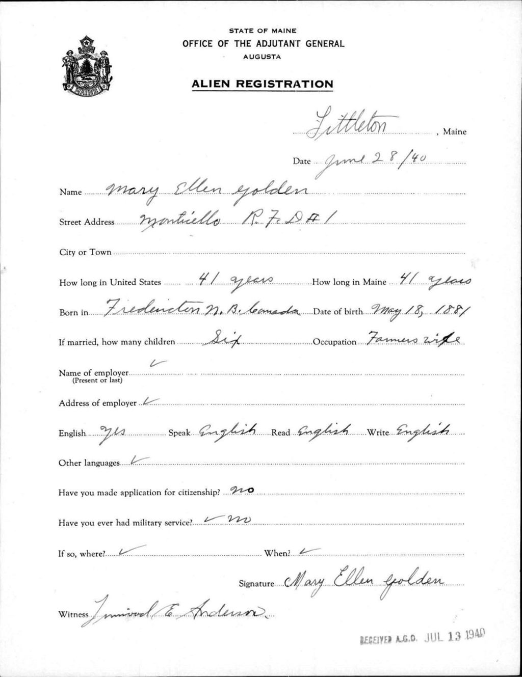 Alien Registration- Golden, Mary E. (Limestone, Aroostook County)