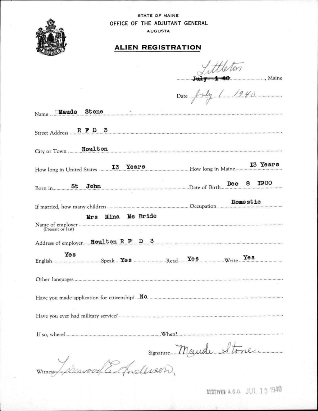 Alien Registration- Stone, Maude (Limestone, Aroostook County)