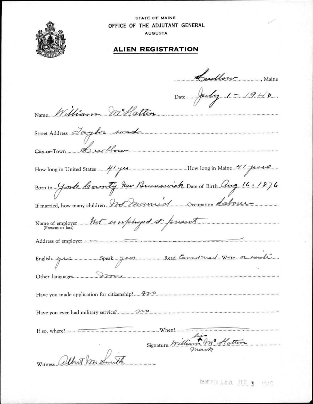 Alien Registration- Mchatten, William (Limestone, Aroostook County)