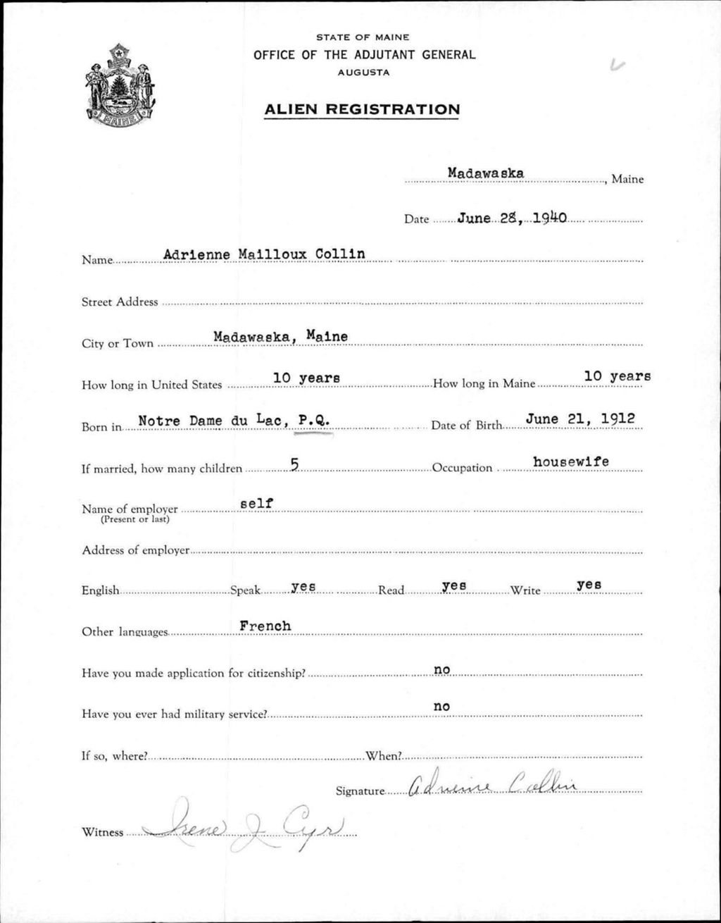 Alien Registration- Mailloux, Adrienne (Madawaska, Aroostook County)