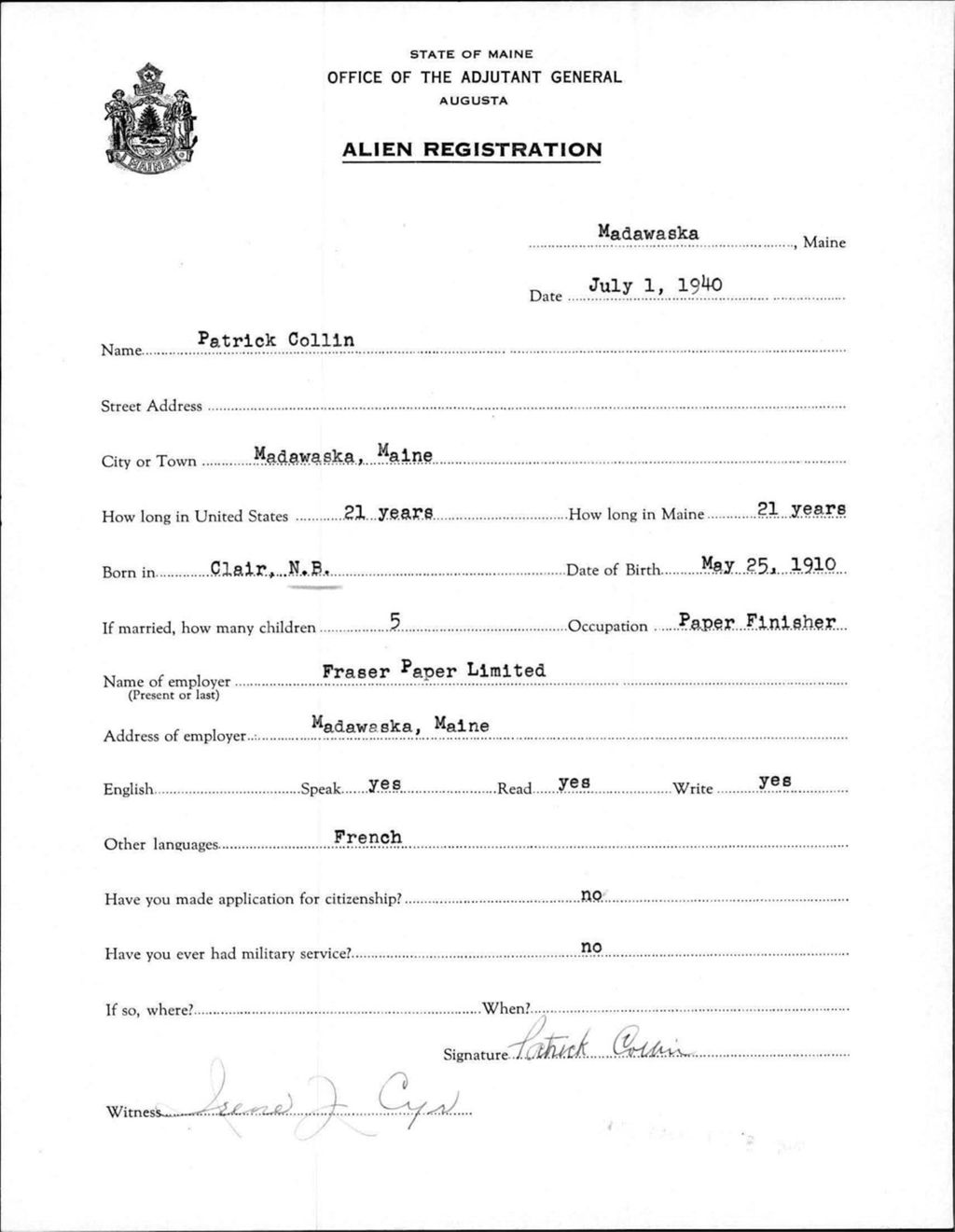 Alien Registration- Collin, Patrick (Madawaska, Aroostook County)