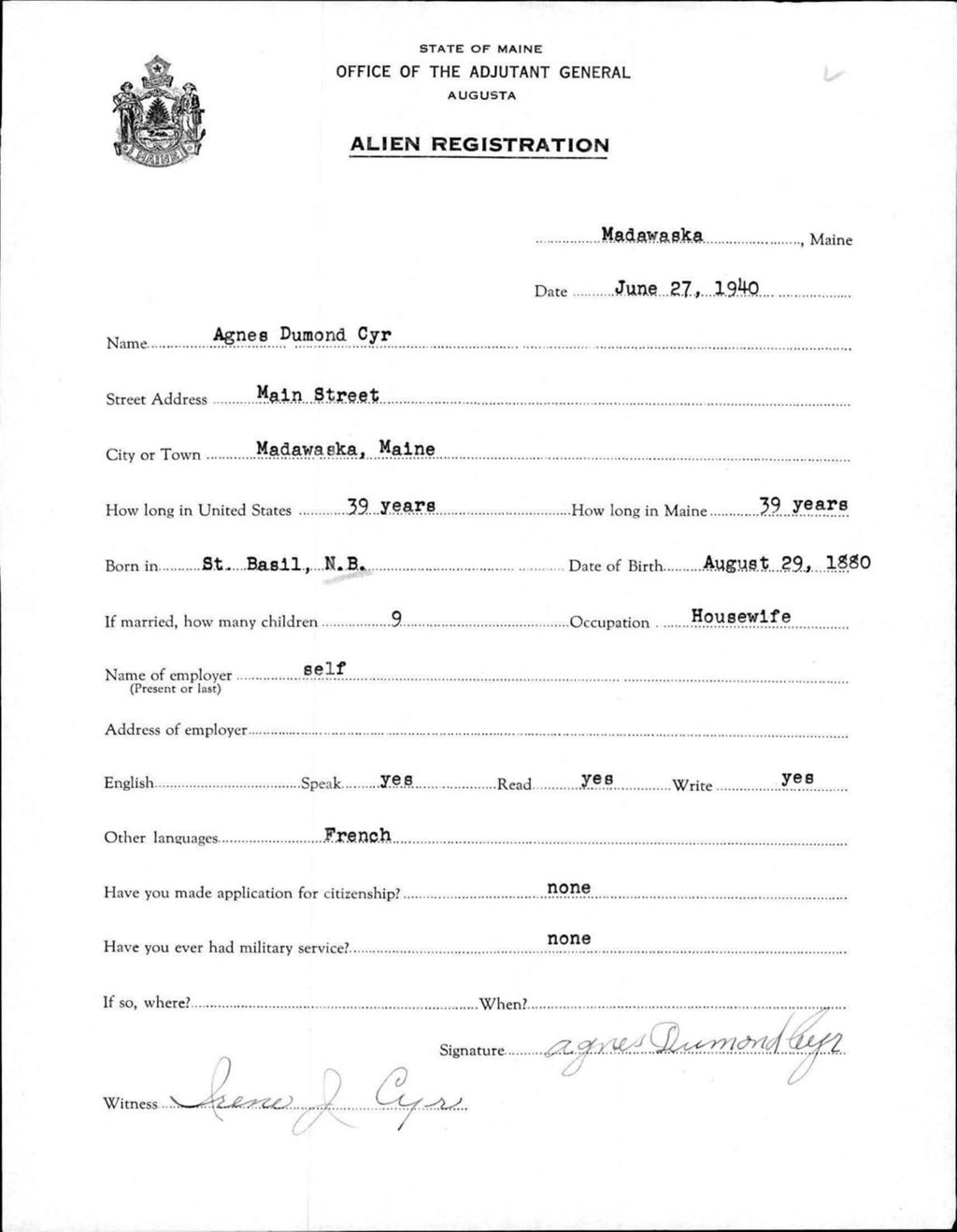 Alien Registration- Dumond, Agnes (Madawaska, Aroostook County)