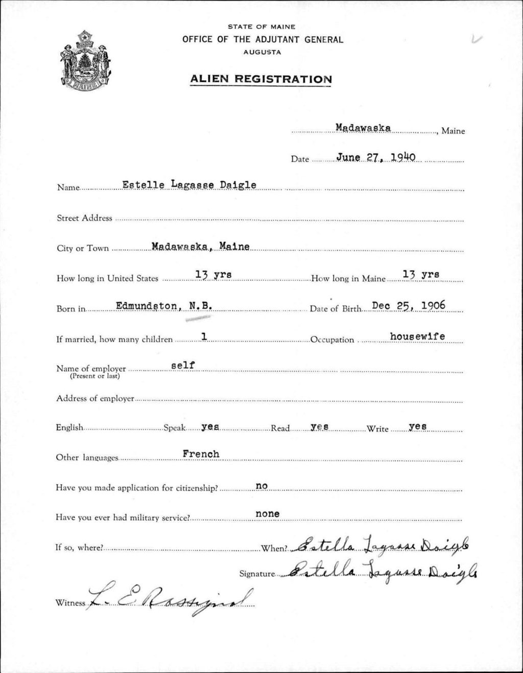 Alien Registration- Lagasse, Estelle (Madawaska, Aroostook County)
