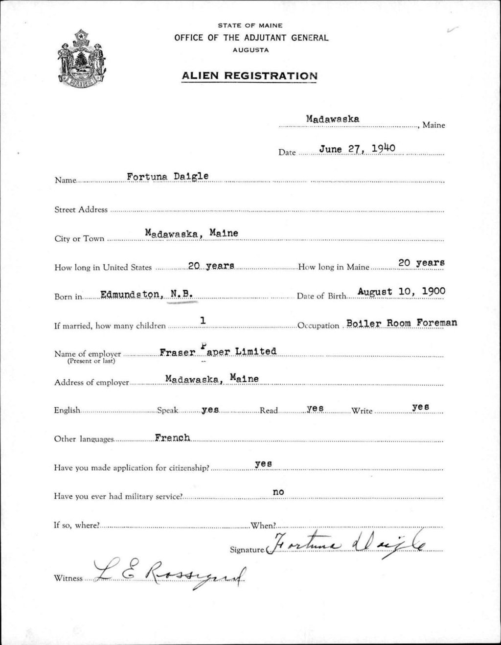 Alien Registration- Daigle, Fortuna (Madawaska, Aroostook County)
