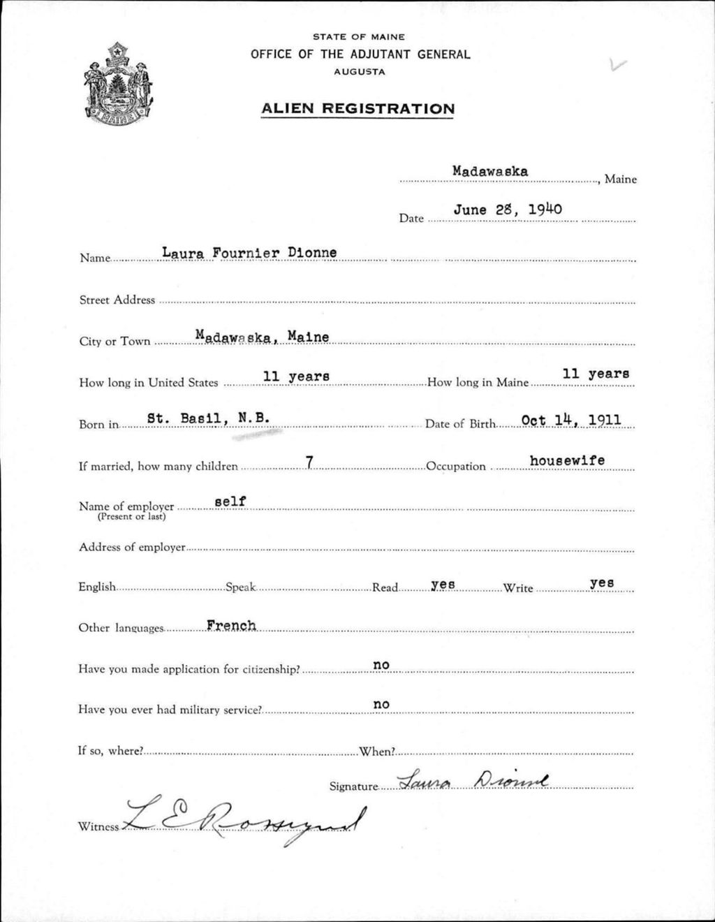 Alien Registration- Fournier, Laura (Madawaska, Aroostook County)