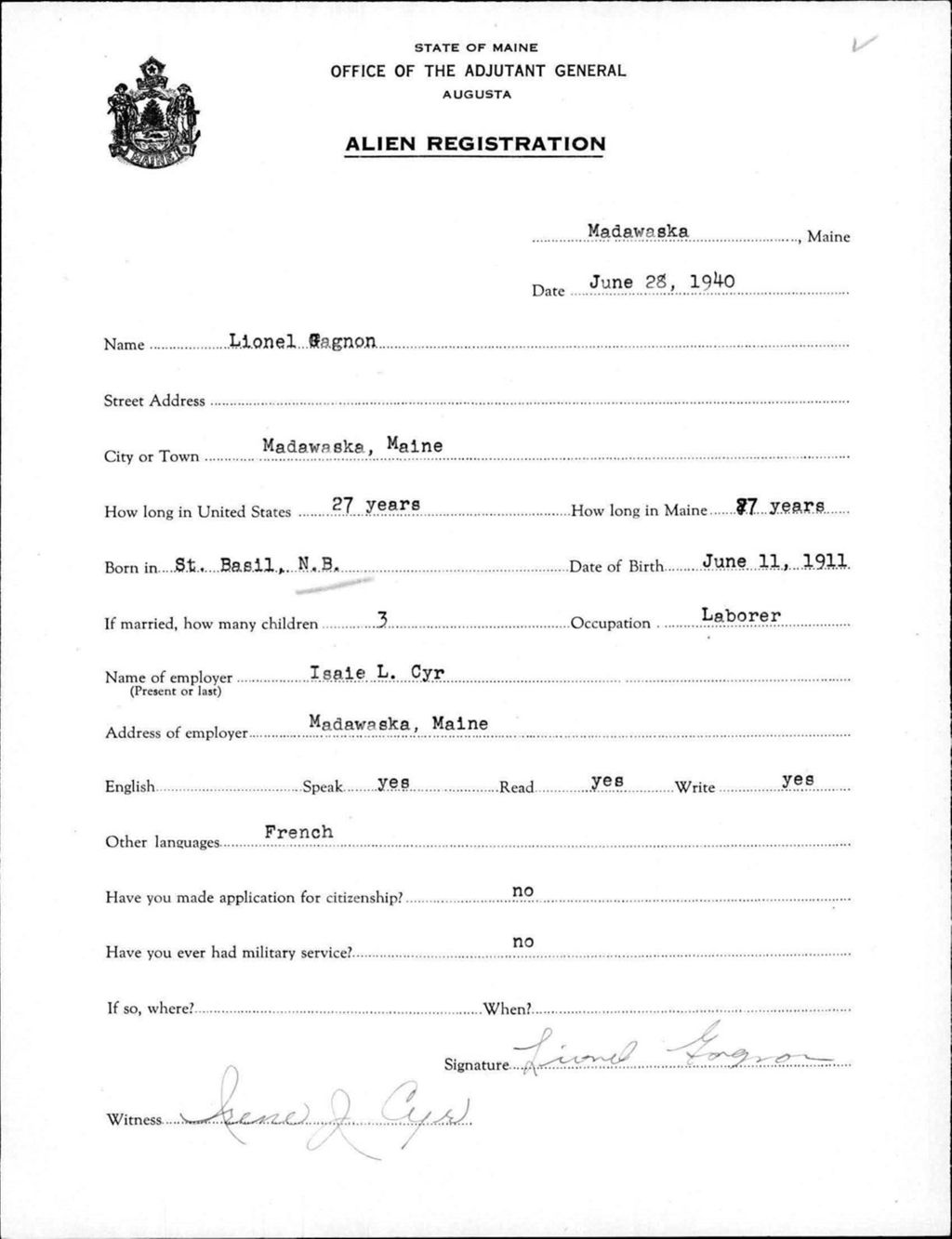 Alien Registration- Gagnon, Lionel (Madawaska, Aroostook County)
