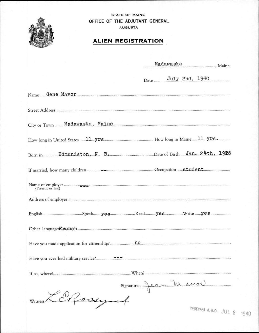 Alien Registration- Mavor, Gene (Madawaska, Aroostook County)