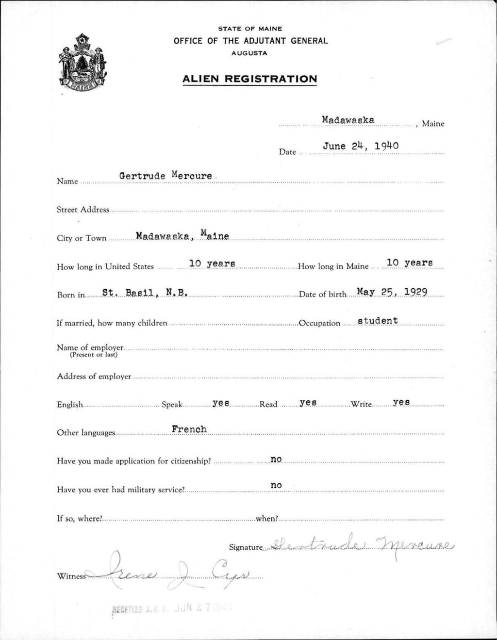 Alien Registration- Mercure, Gertrude (Madawaska, Aroostook County)