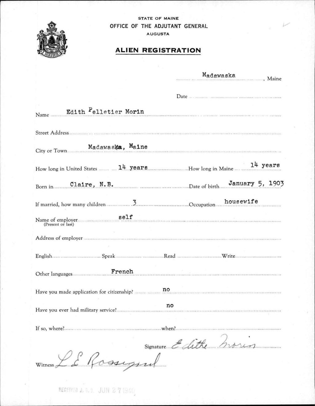 Alien Registration- Pelletier, Edith (Madawaska, Aroostook County)