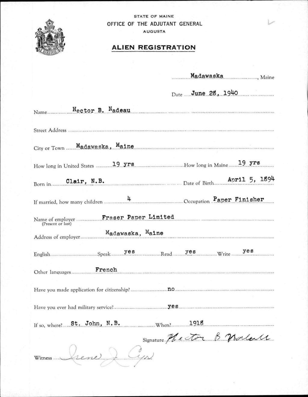 Alien Registration- Nadeau, Hector B. (Madawaska, Aroostook County)
