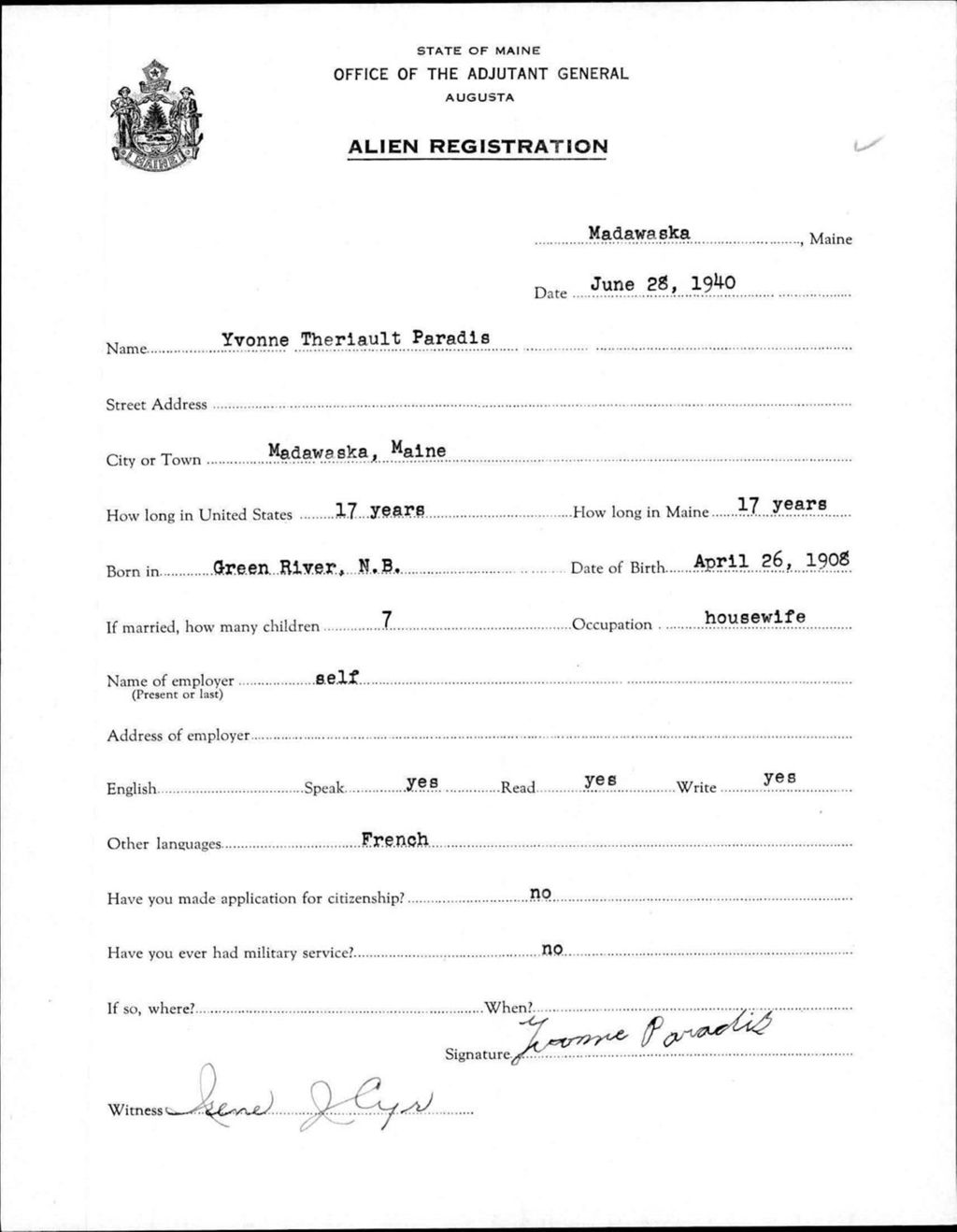 Alien Registration- Theriault, Yvonne (Madawaska, Aroostook County)