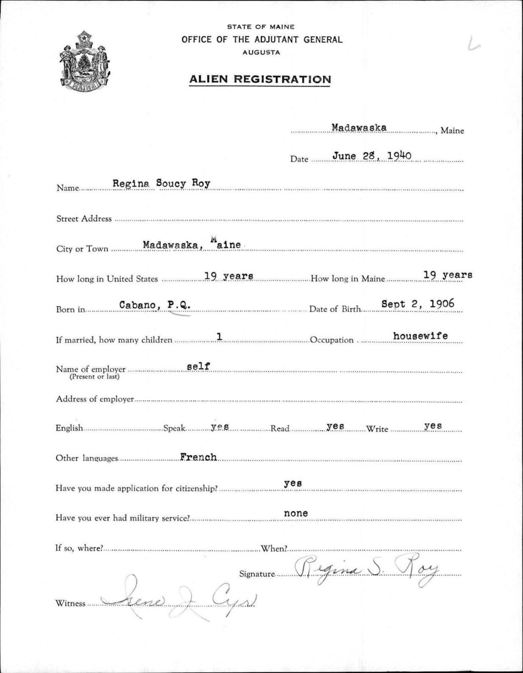 Alien Registration- Soucy, Regina (Madawaska, Aroostook County)