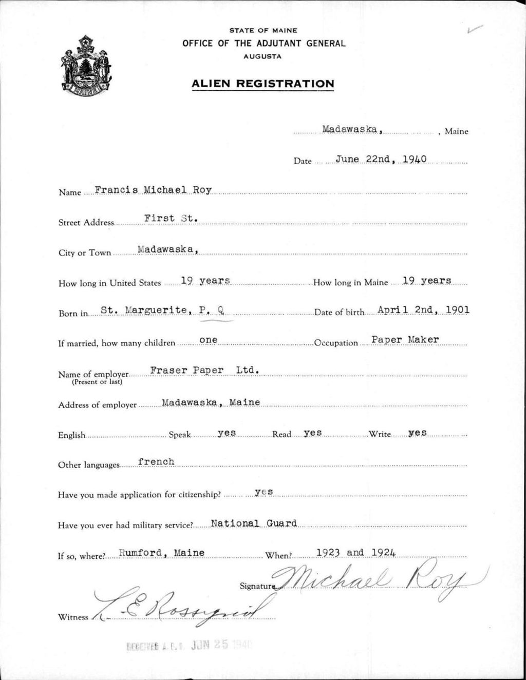 Alien Registration- Roy, Francis M. (Madawaska, Aroostook County)