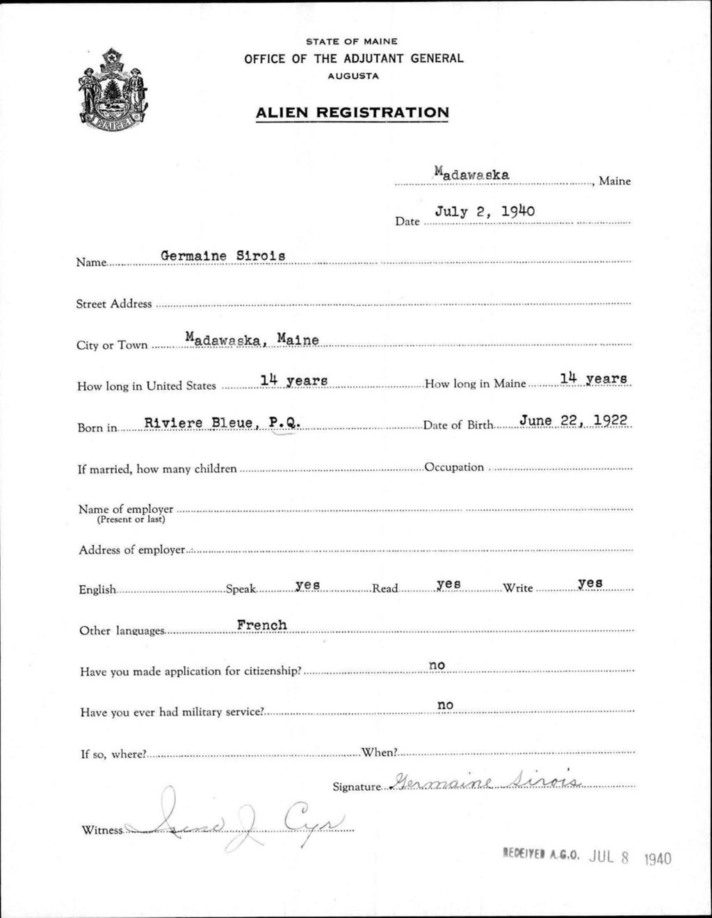 Alien Registration- Sirois, Germaine (Madawaska, Aroostook County)