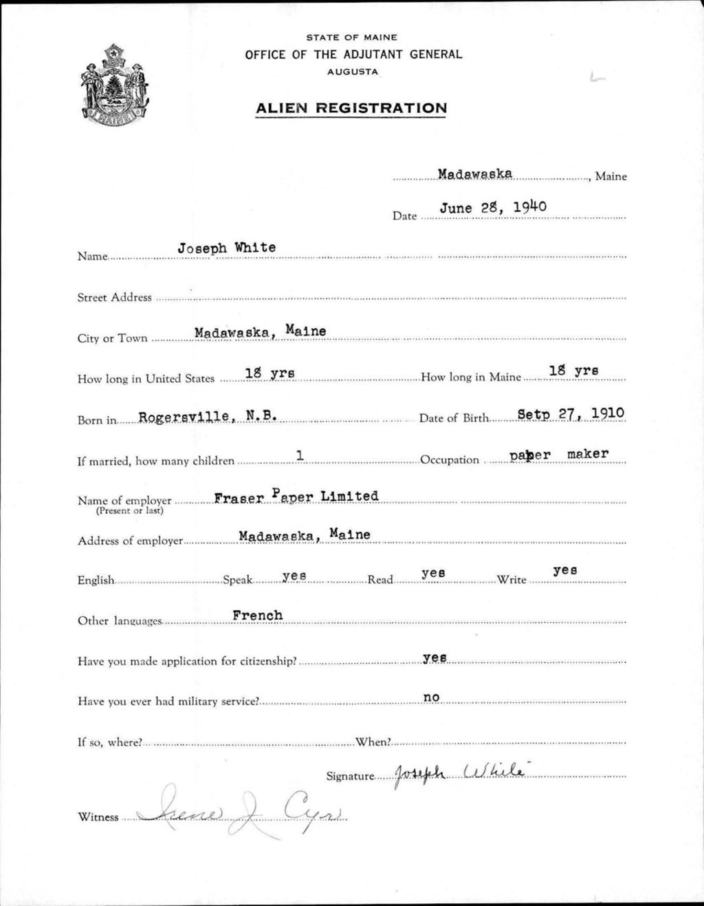 Alien Registration- White, Joseph (Madawaska, Aroostook County)