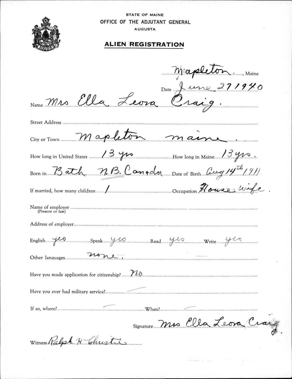 Alien Registration- Craig, Ella L. (Mapleton, Aroostook County)