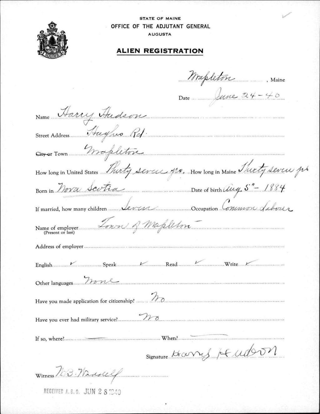 Alien Registration- Hudson, Harry (Mapleton, Aroostook County)