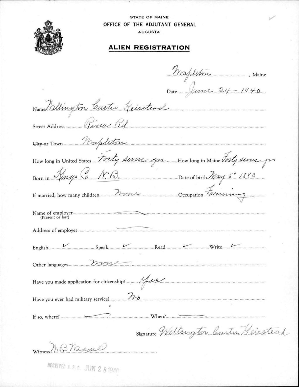 Alien Registration- Keirstead, Wellington C. (Mapleton, Aroostook County)