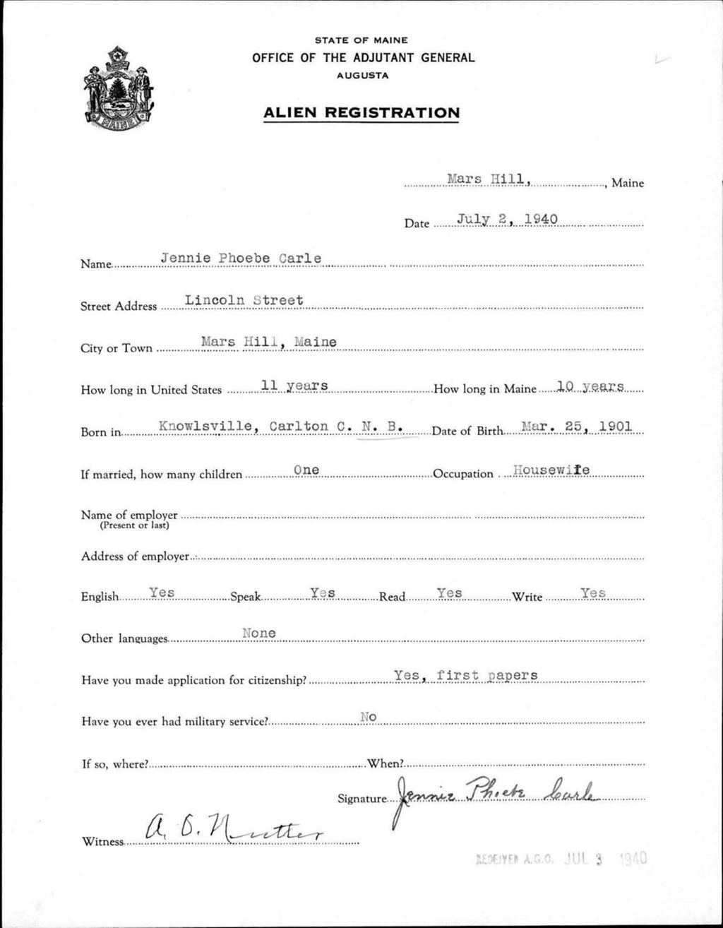 Alien Registration- Carle, Jennie P. (Mars Hill, Aroostook County)