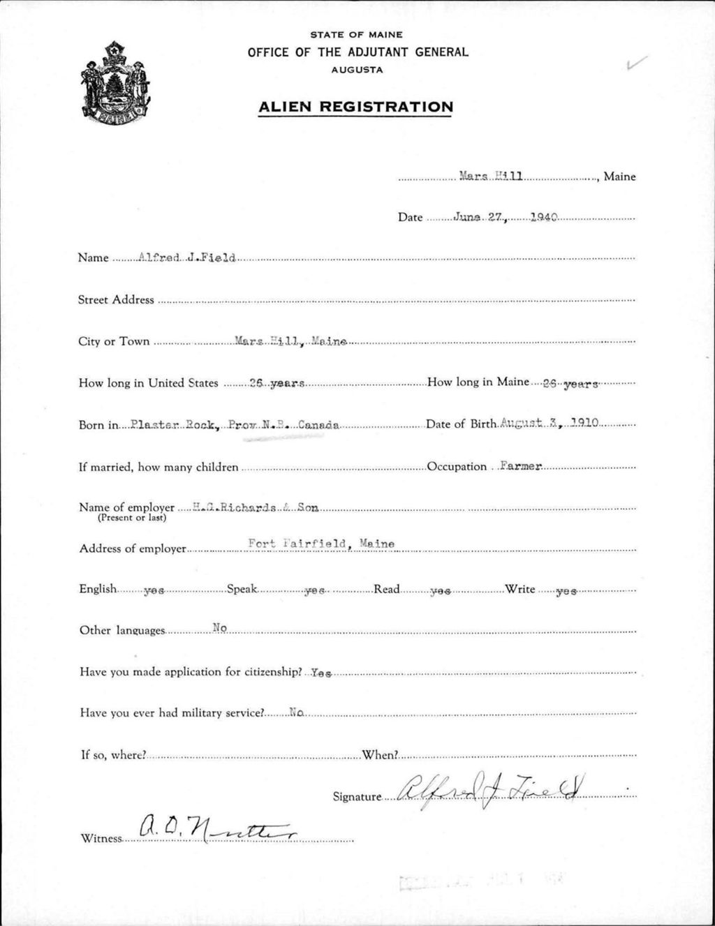 Alien Registration- Field, Alfred J. (Mars Hill, Aroostook County)