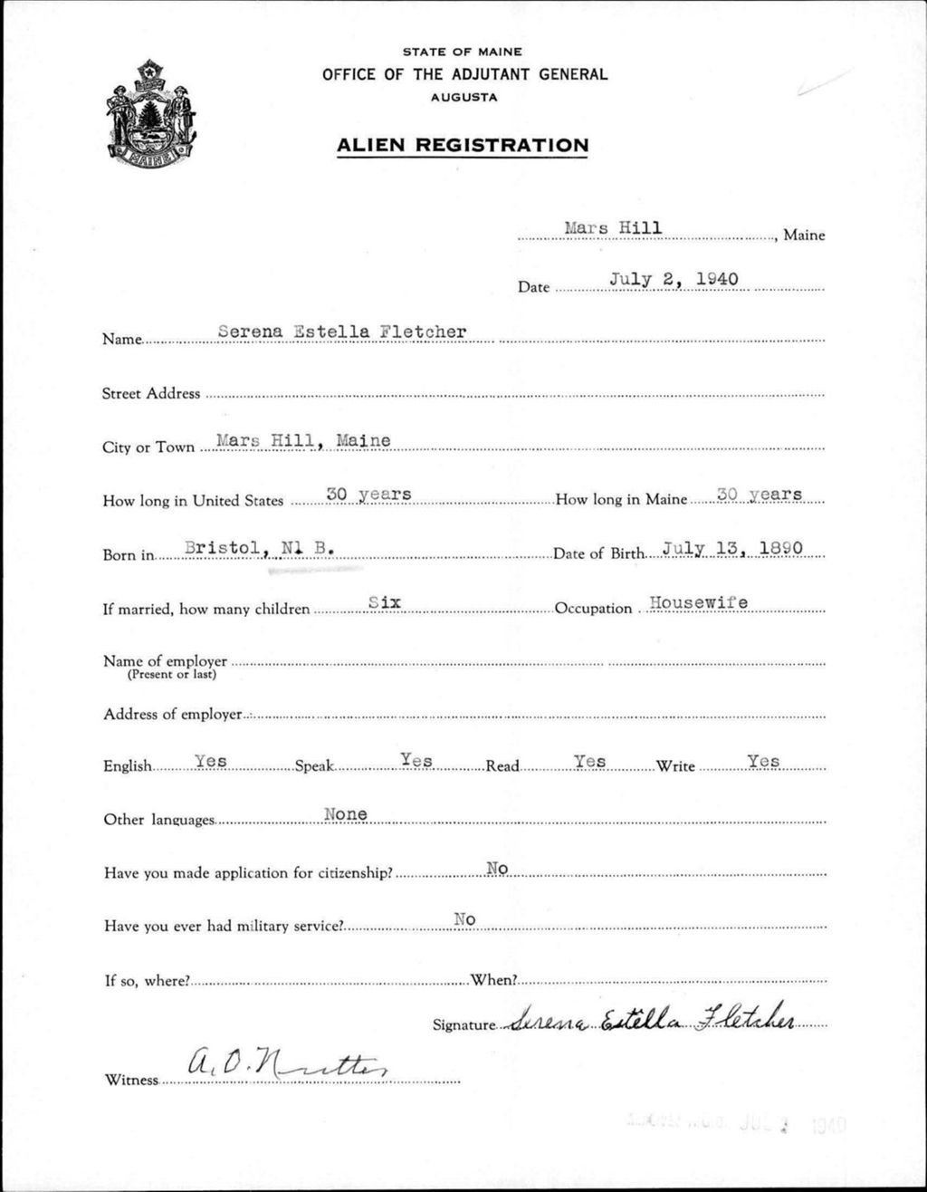Alien Registration- Flectcher, Serena E. (Mars Hill, Aroostook County)