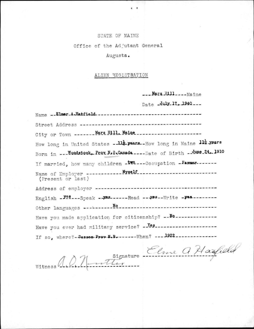 Alien Registration- Hatfield, Elmer A. (Mars Hill, Aroostook County)