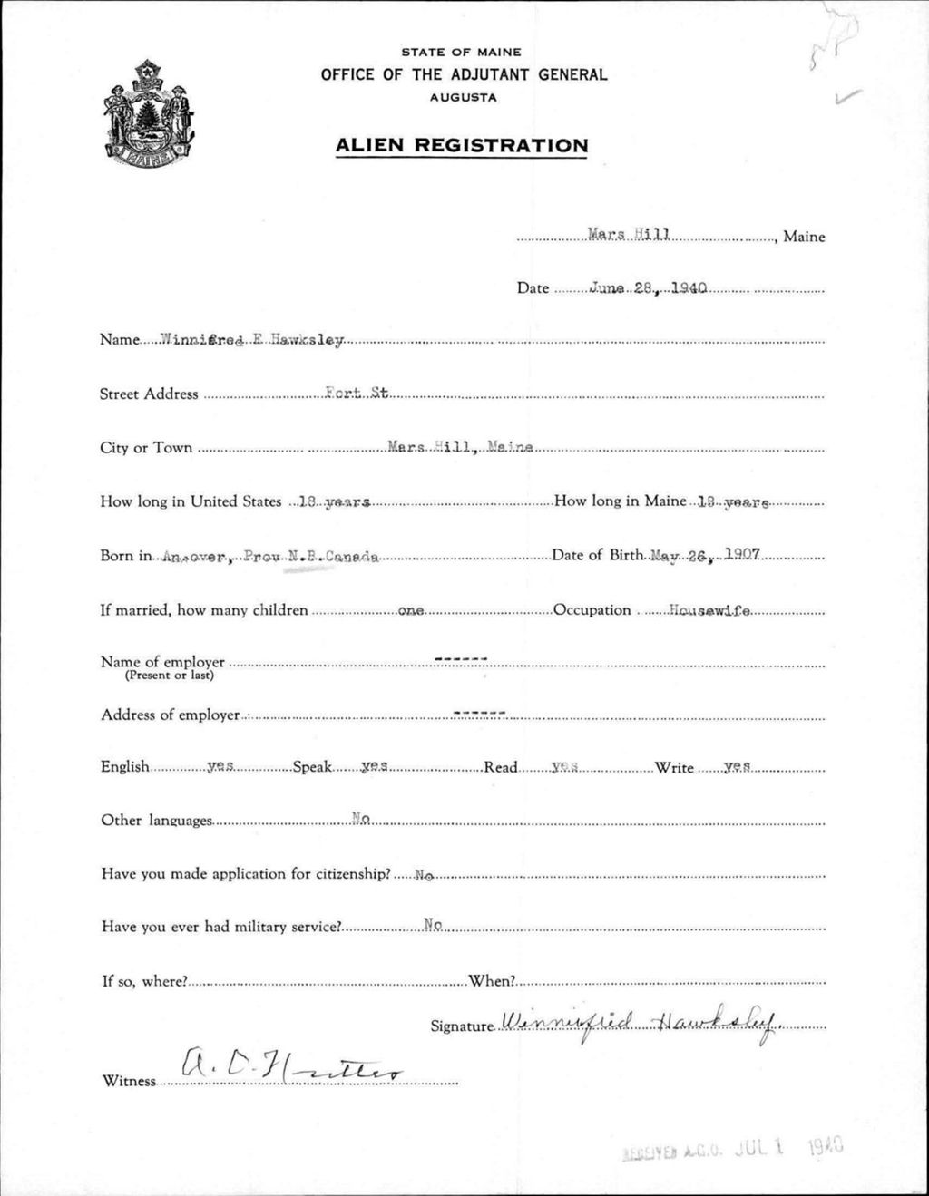 Alien Registration- Hawksley, Winnifred E. (Mars Hill, Aroostook County)