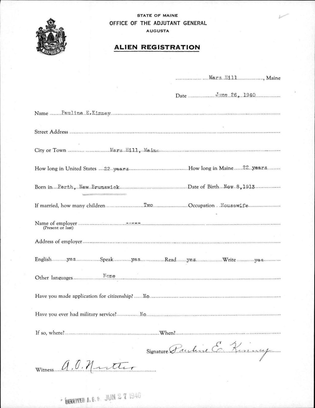 Alien Registration- Kinney, Pauline E. (Mars Hill, Aroostook County)