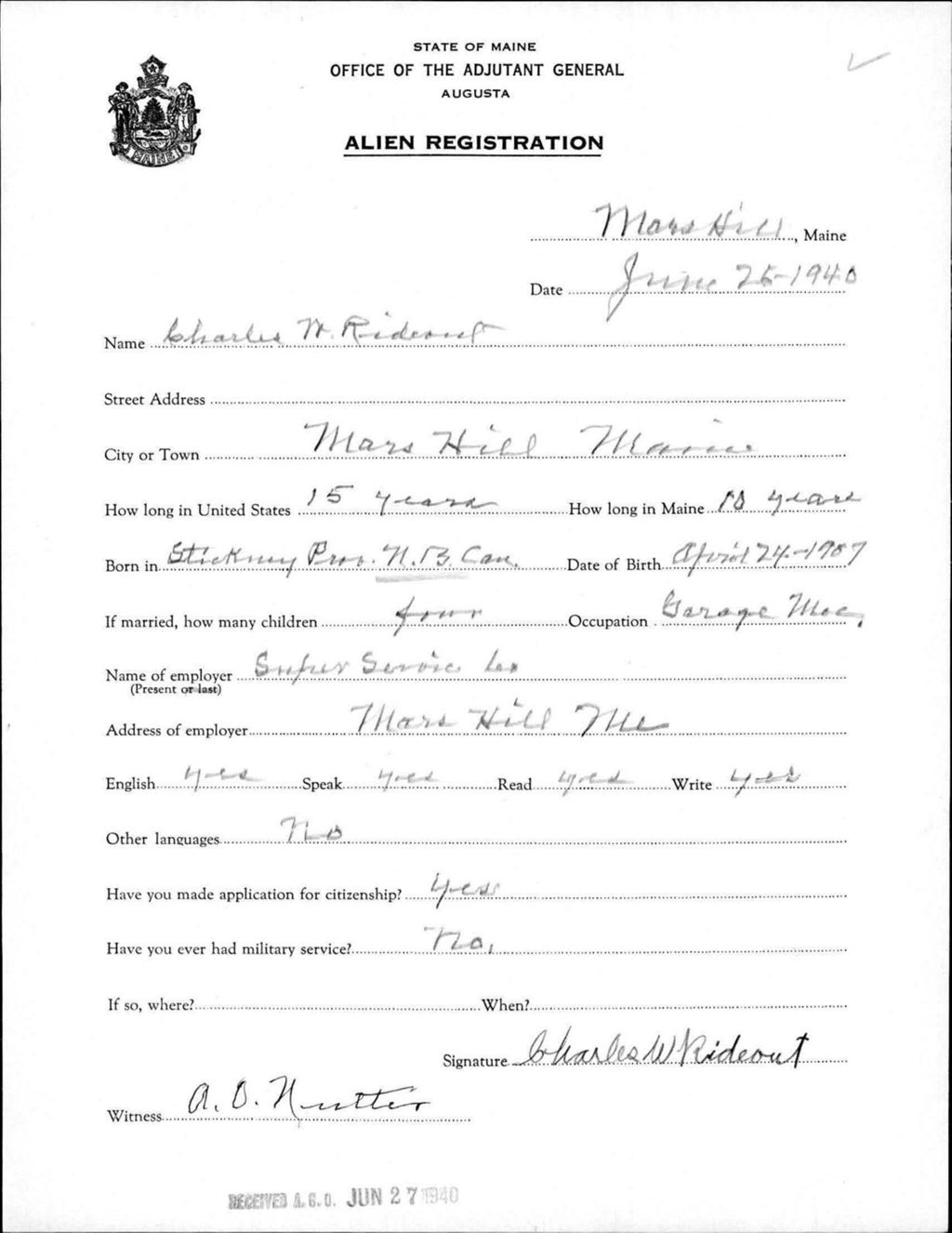 Alien Registration- Rideout, Charles W. (Mars Hill, Aroostook County)