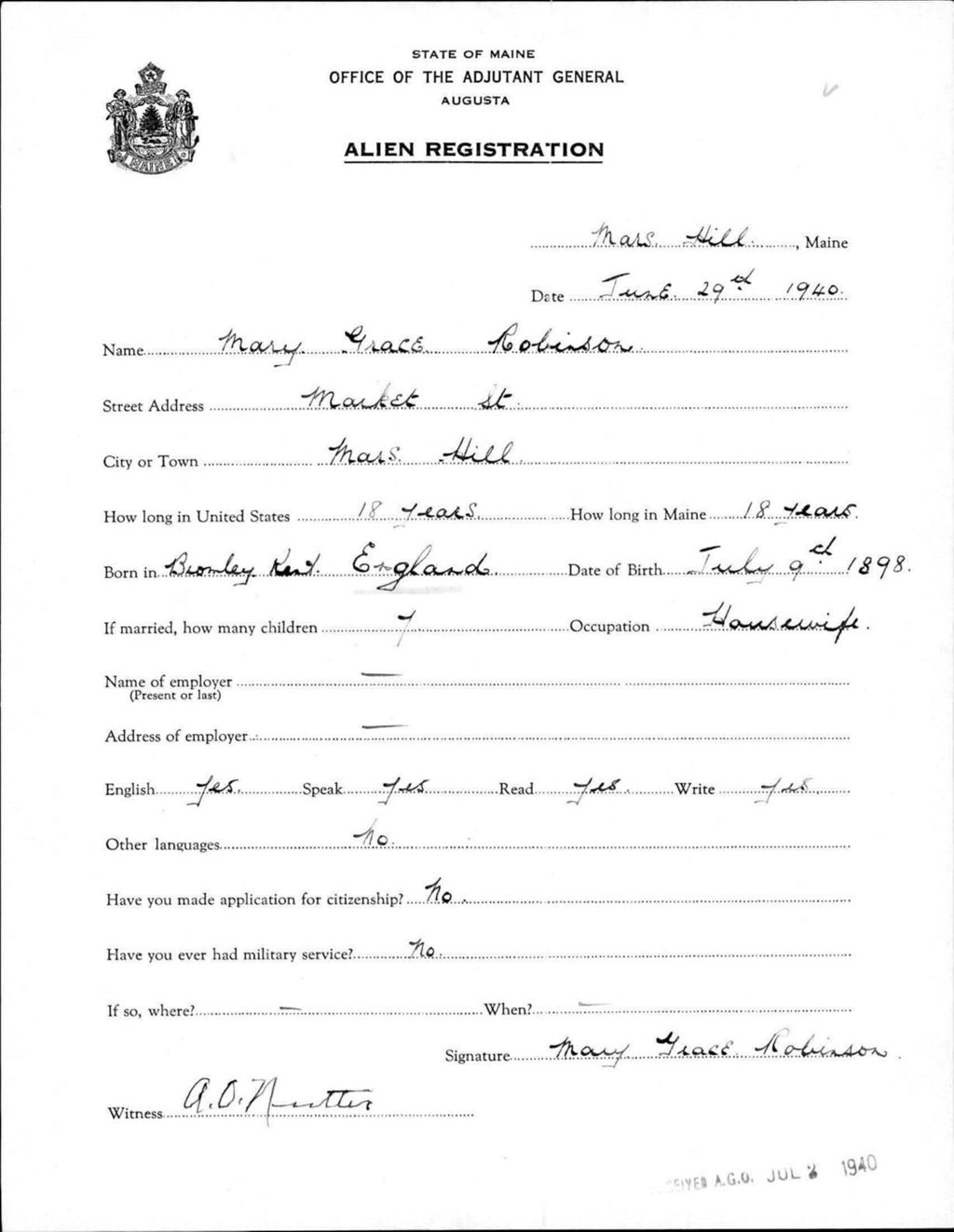 Alien Registration- Robinson, Mary G. (Mars Hill, Aroostook County)