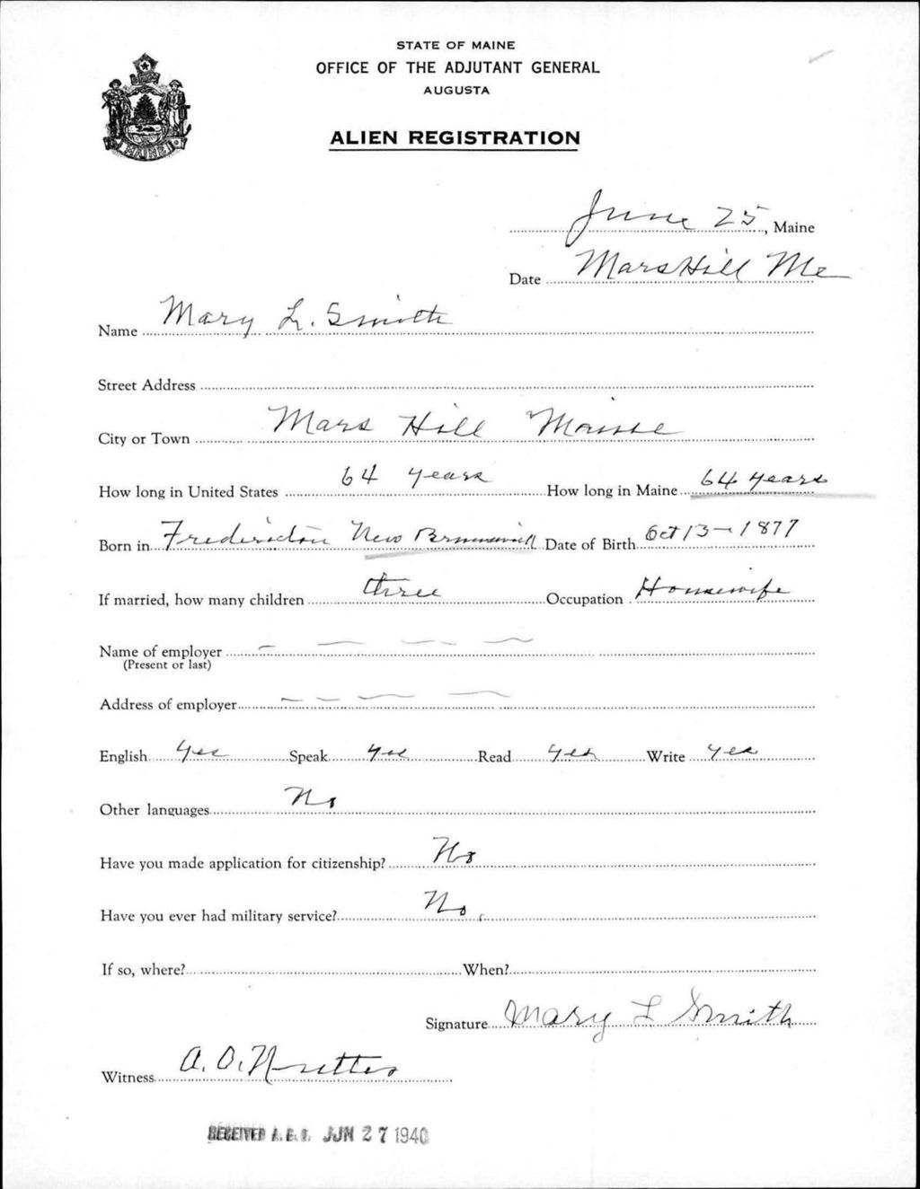 Alien Registration- Smith, Mary L. (Mars Hill, Aroostook County)