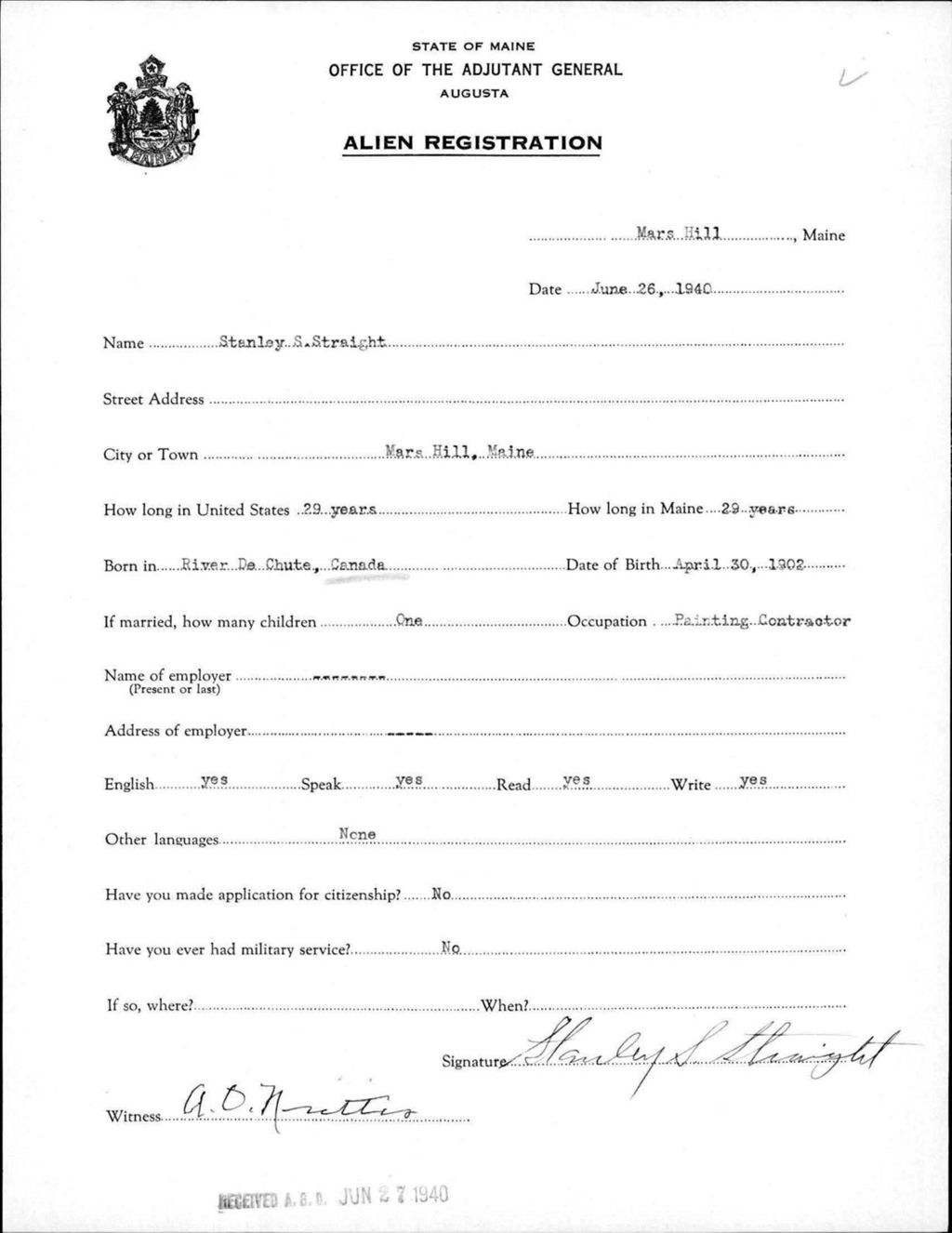 Alien Registration- Straight, Stanley S. (Mars Hill, Aroostook County)