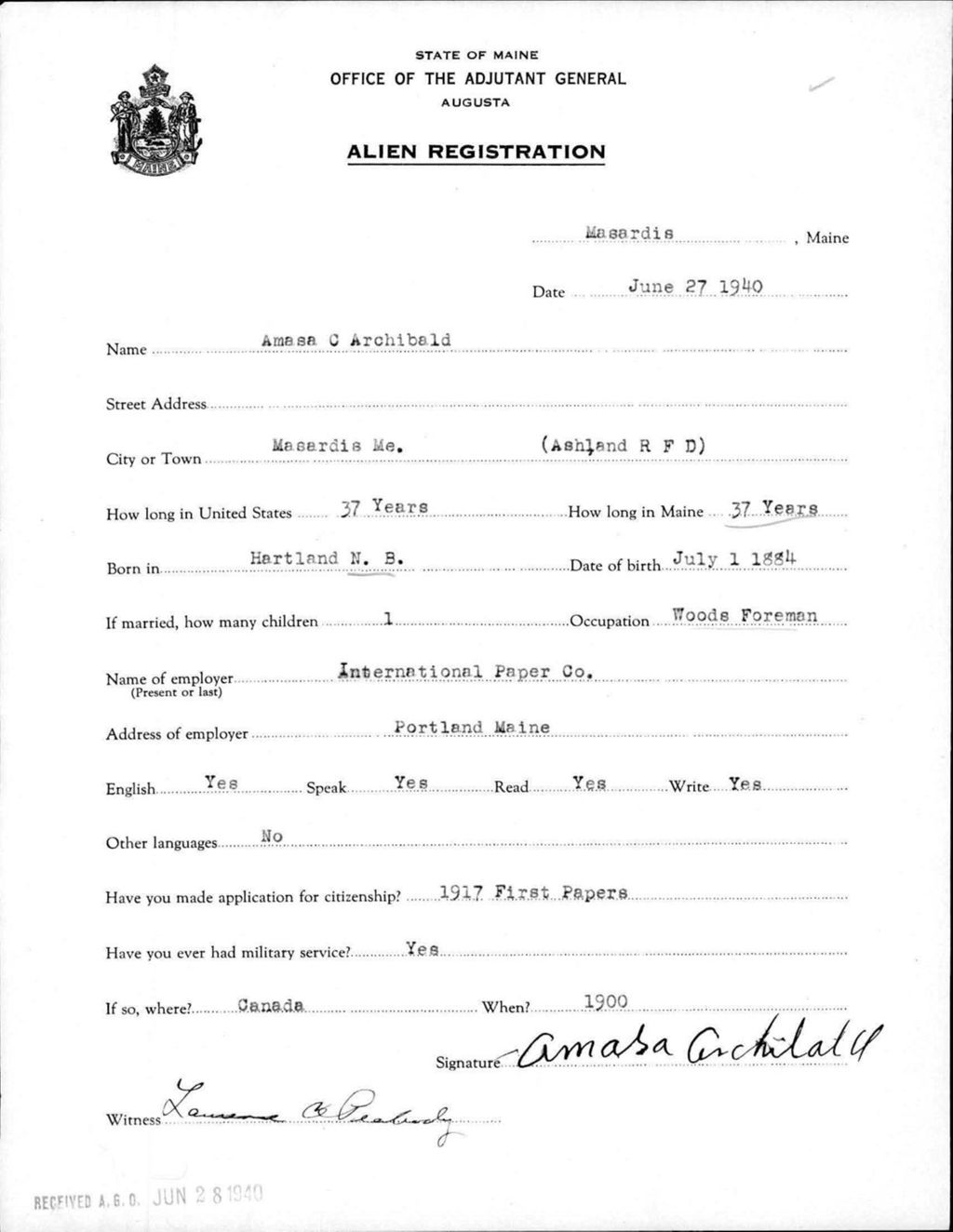 Alien Registration- Archibald, Amasa C. (Masardis, Aroostook County)