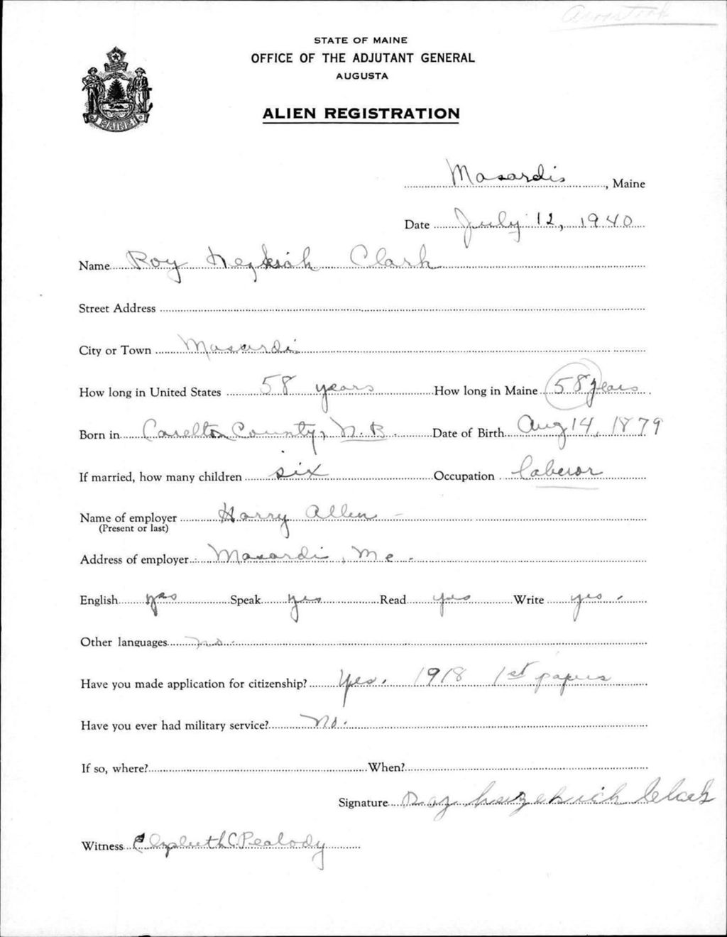 Alien Registration- Clark, Roy H. (Masardis, Aroostook County)