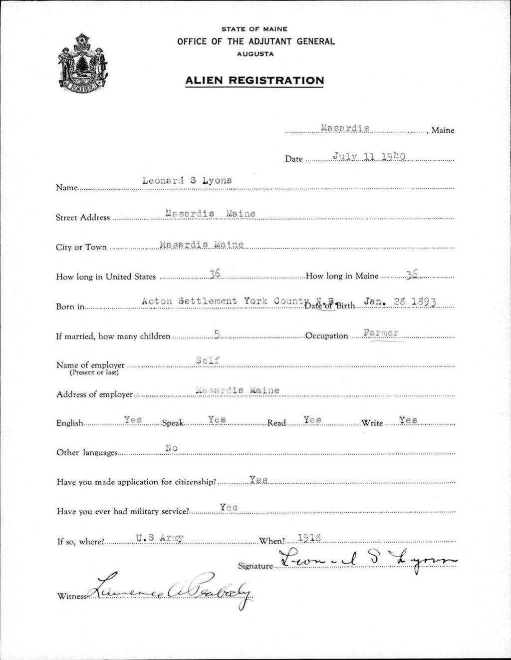 Alien Registration- Lyons, Leonard S. (Masardis, Aroostook County)
