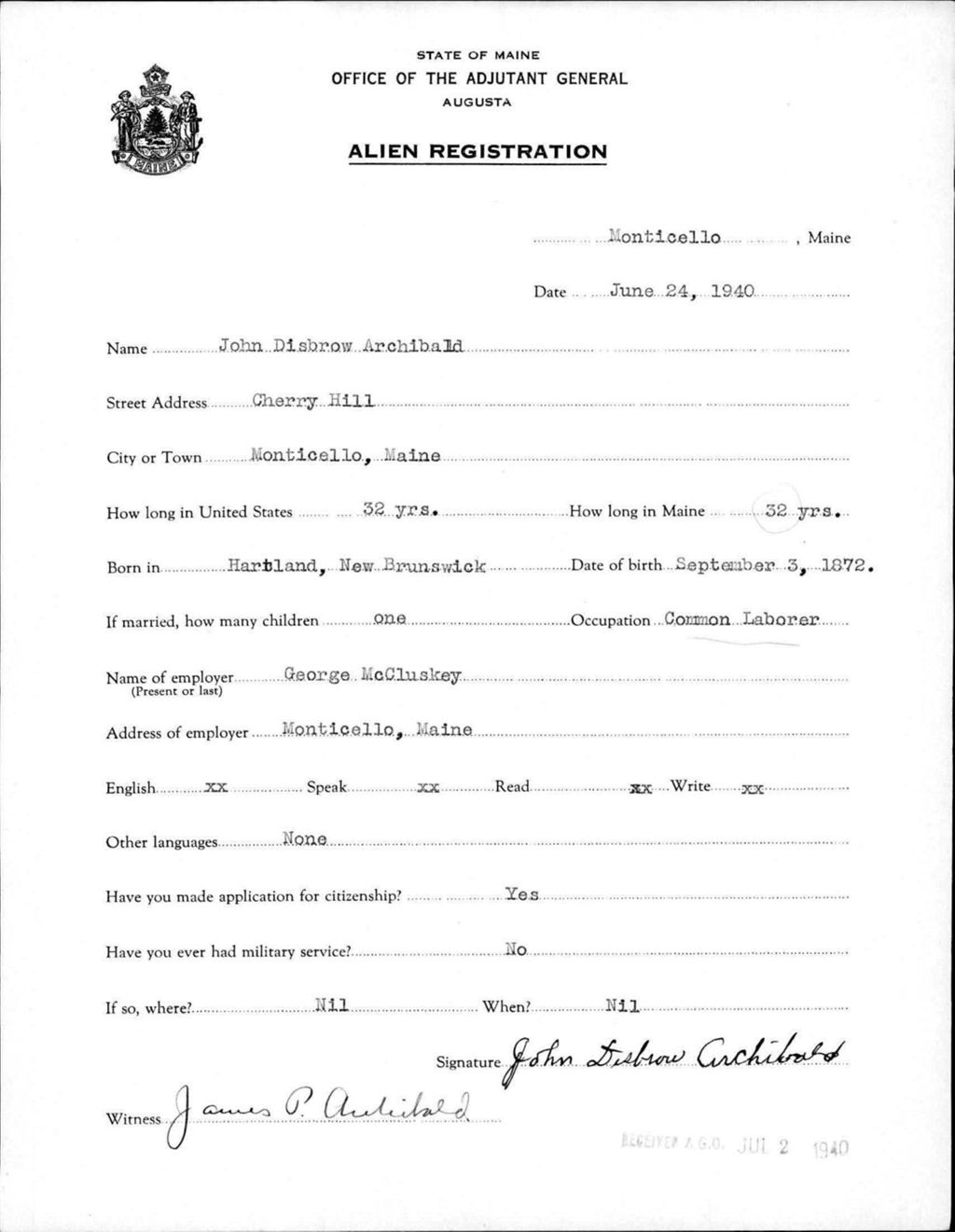 Alien Registration- Archibald, John D. (Monticello, Aroostook County)
